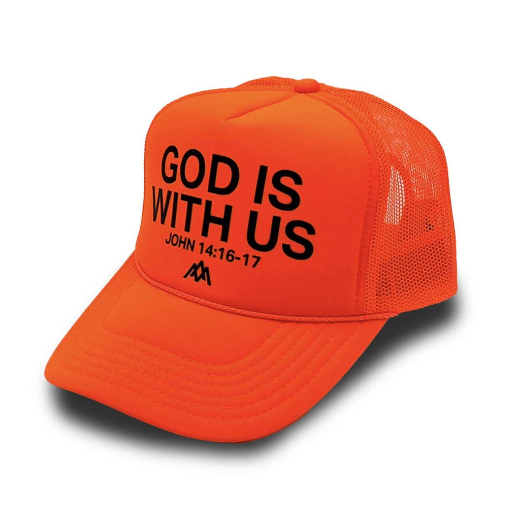 Neon orange foam trucker hat, 'GOD IS WITH US' logo on front