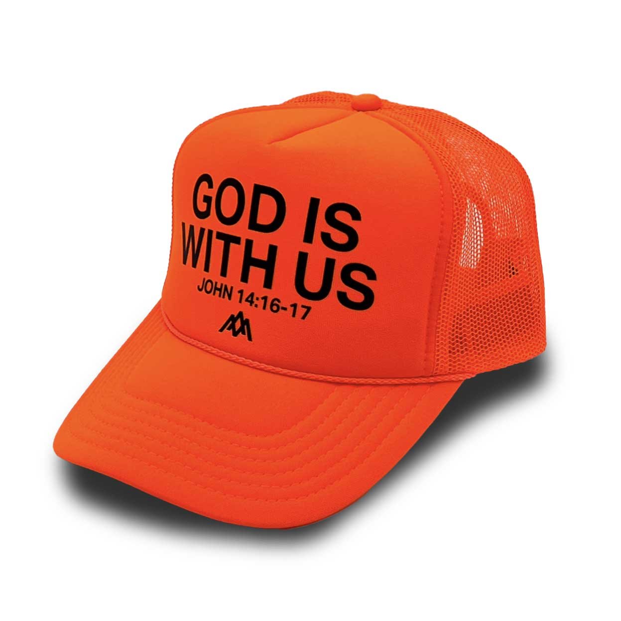 Neon orange foam trucker hat, 'GOD IS WITH US' logo on front