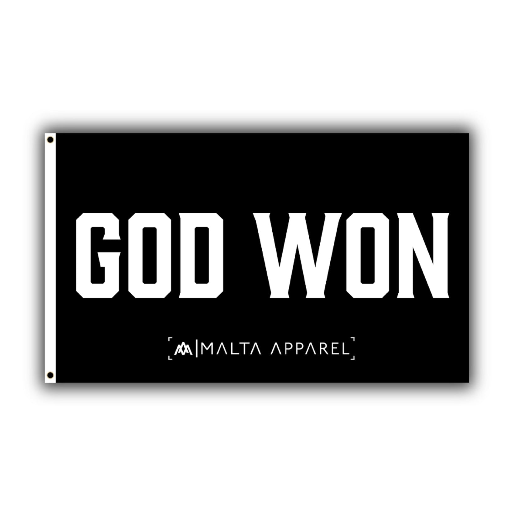 God Won flag, black with large white 'GOD WON' text and MALTA APPAREL logo