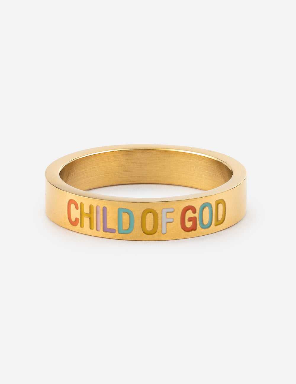 Gold band ring with 'CHILD OF GOD' engraved text on the front