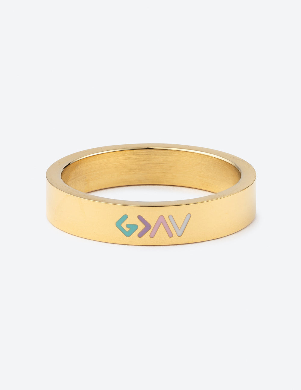 Gold enamel ring with blue-green logo detail on band