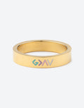 Gold enamel ring with blue-green logo detail on band