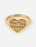Gold-tone signet ring with heart shape and 'God is love' engraving