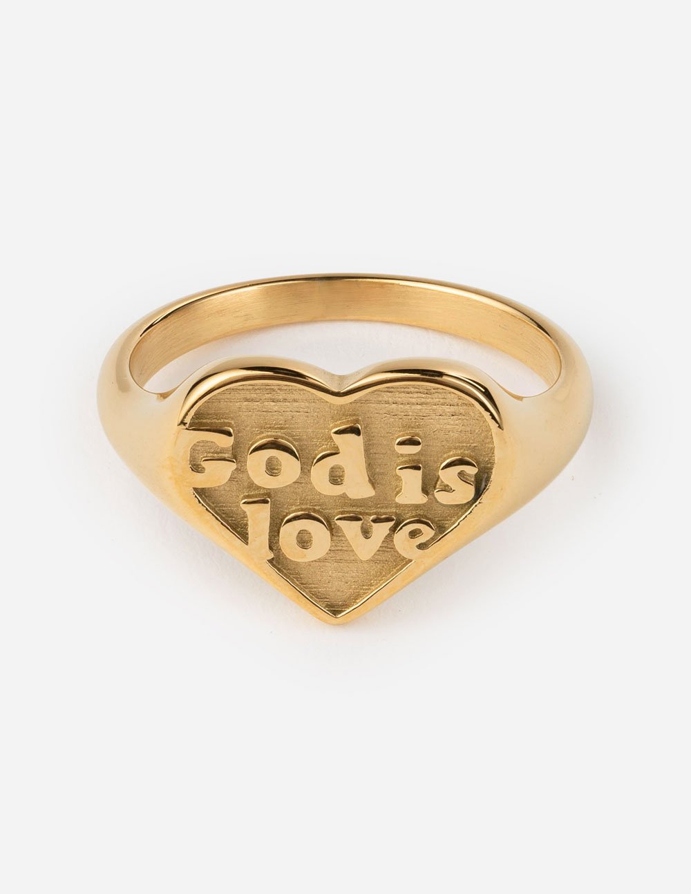Gold-tone signet ring with heart shape and 'God is love' engraving
