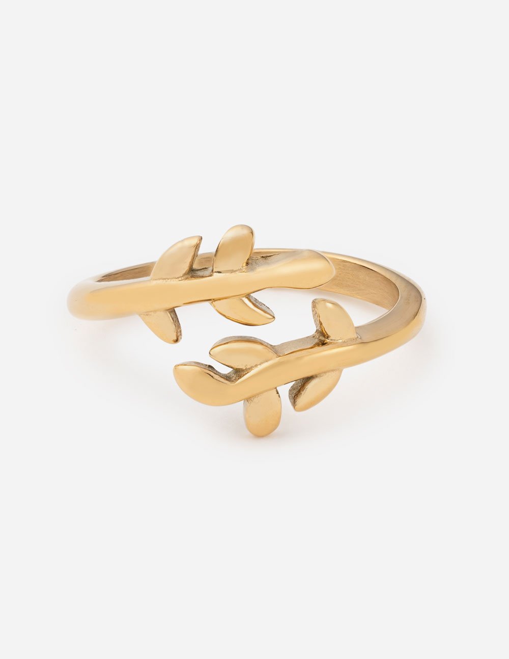 Gold-tone olive branch ring with leaf and stem openwork design, polished finish.