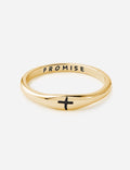 Gold ring with 'PROMISE' engraving and small cross detail