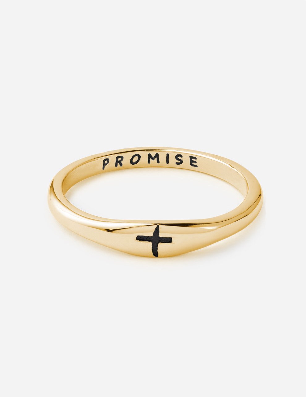 Gold ring with 'PROMISE' engraving and small cross detail