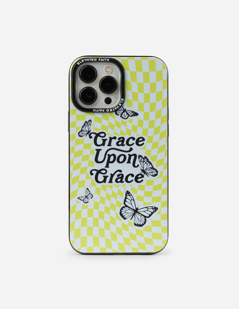 Lime green checkered phone case with butterflies and “Grace Upon Grace” text