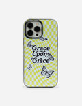 Lime green checkered phone case with butterflies and “Grace Upon Grace” text