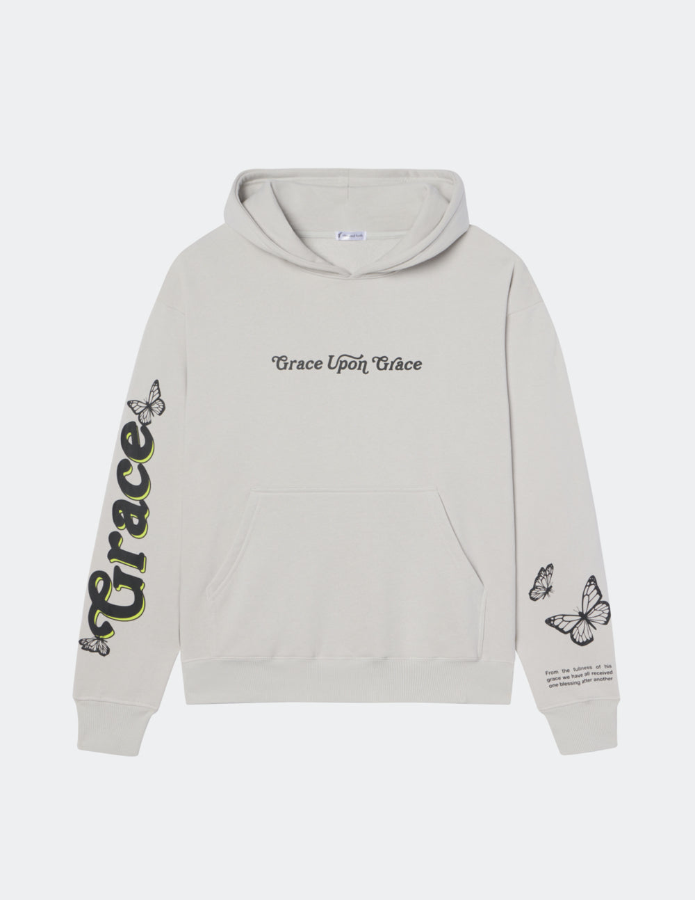 Unisex hoodie, light gray, front kangaroo pocket and “Grace Upon Grace” text