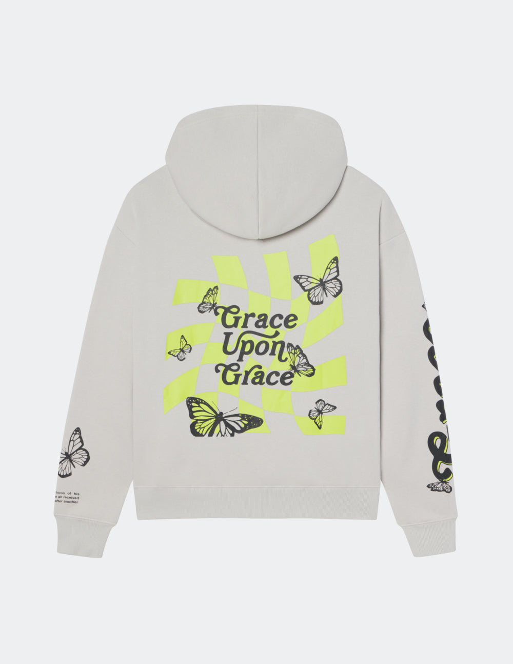 Unisex hoodie, light gray, back graphic with “Grace Upon Grace” and butterflies