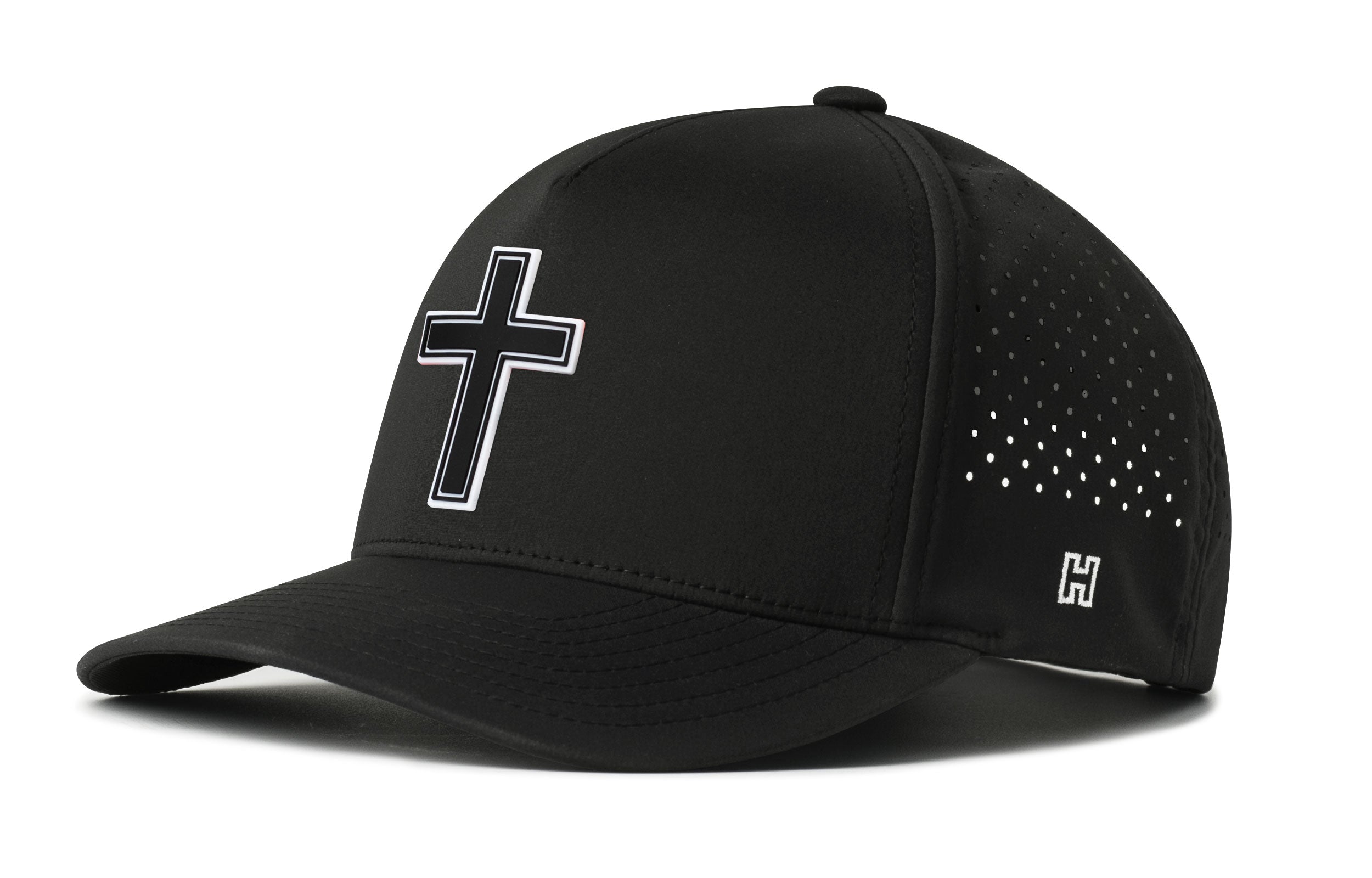 Black 5-panel hat with cross emblem, perforated sides, snapback strap