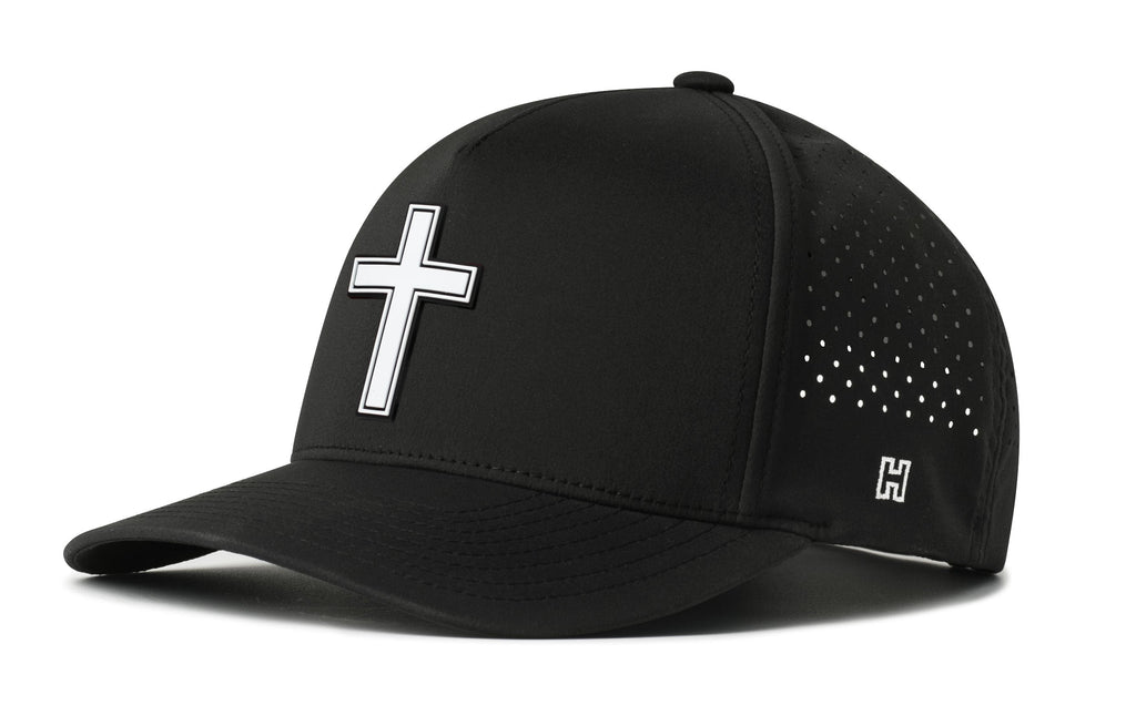 Black 5-panel snapback hat with cross logo and perforated side panels