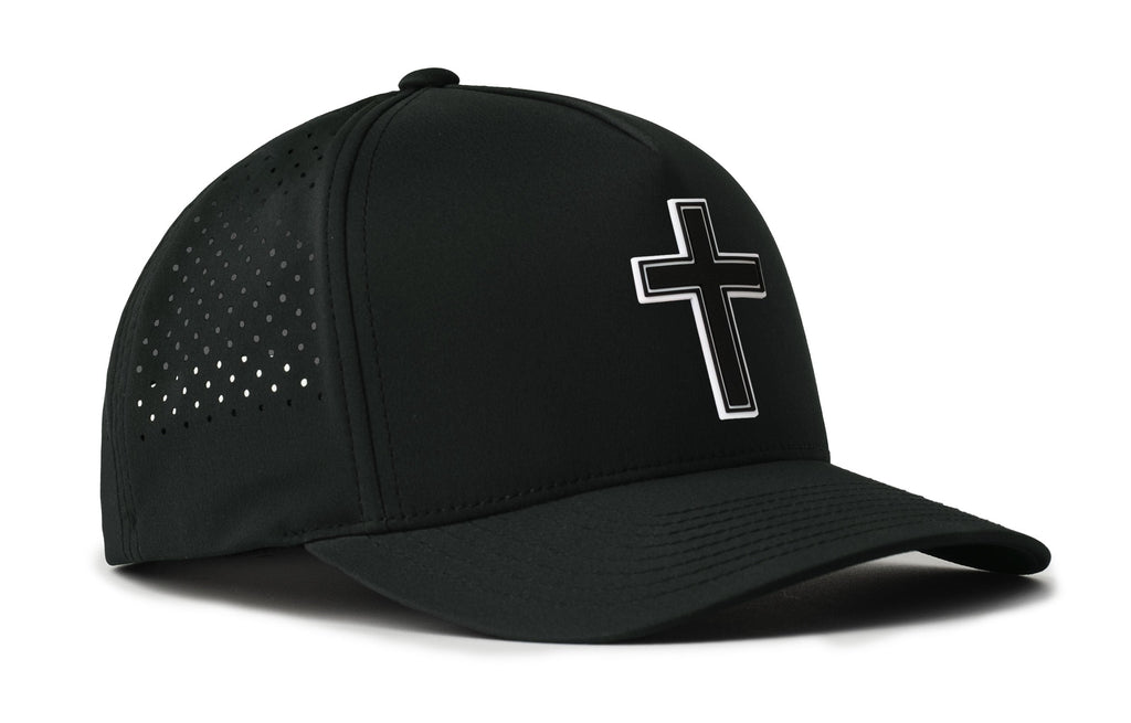 Black 5-panel hat with cross emblem, perforated side panel
