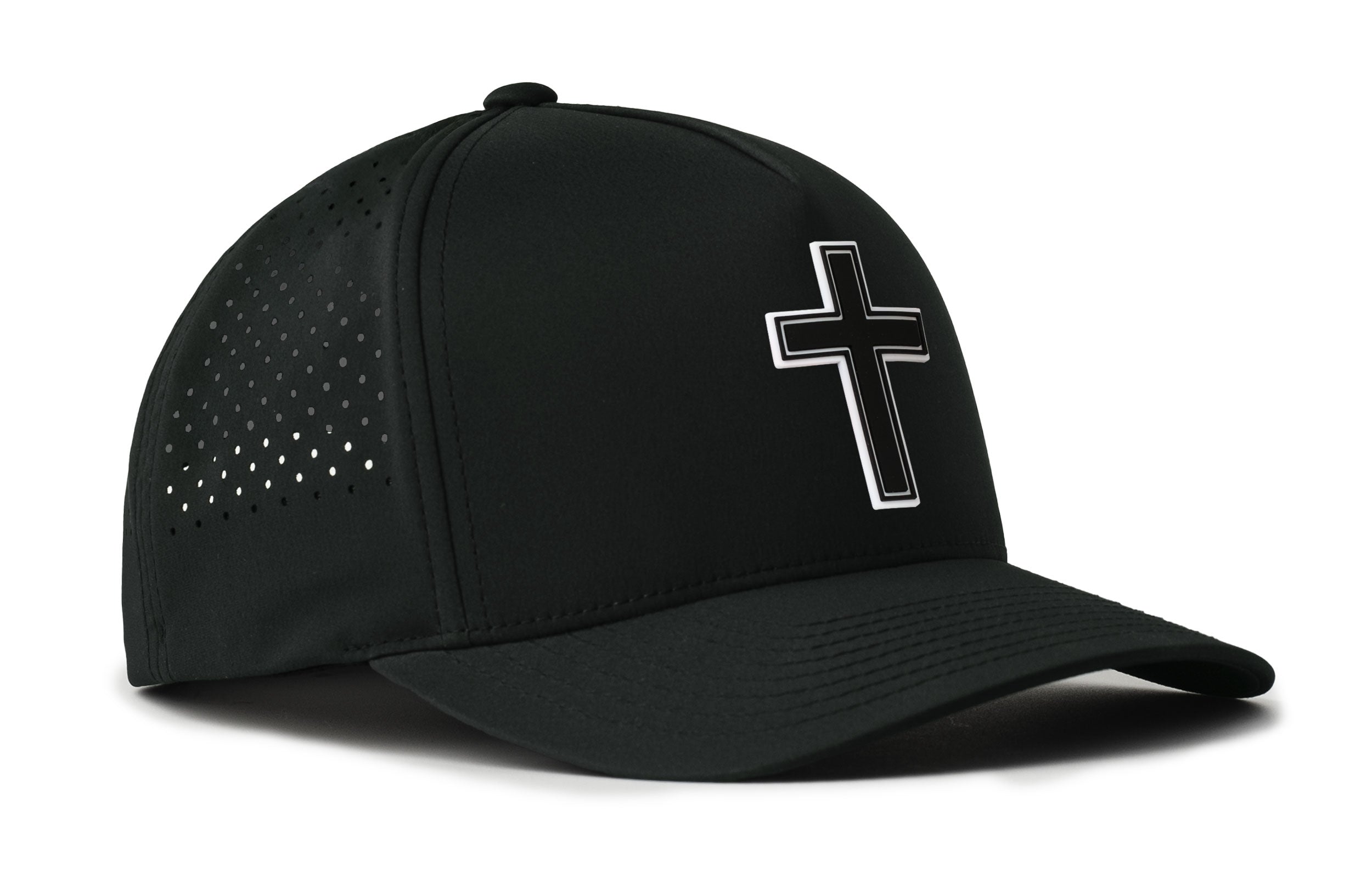 Black 5-panel hat with cross emblem, perforated side panel