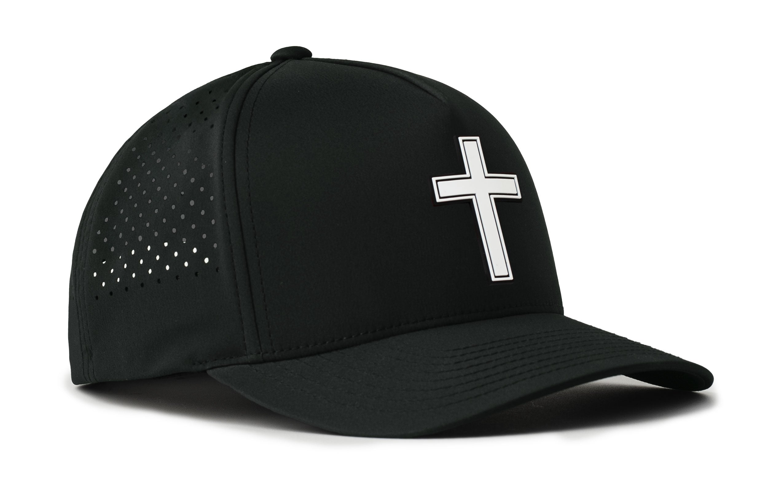 Black 5-panel snapback hat with large cross logo on front