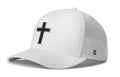 White 5-panel hat with cross emblem, perforated sides, snapback strap