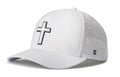 White 5-panel snapback hat with cross logo and perforated side panels