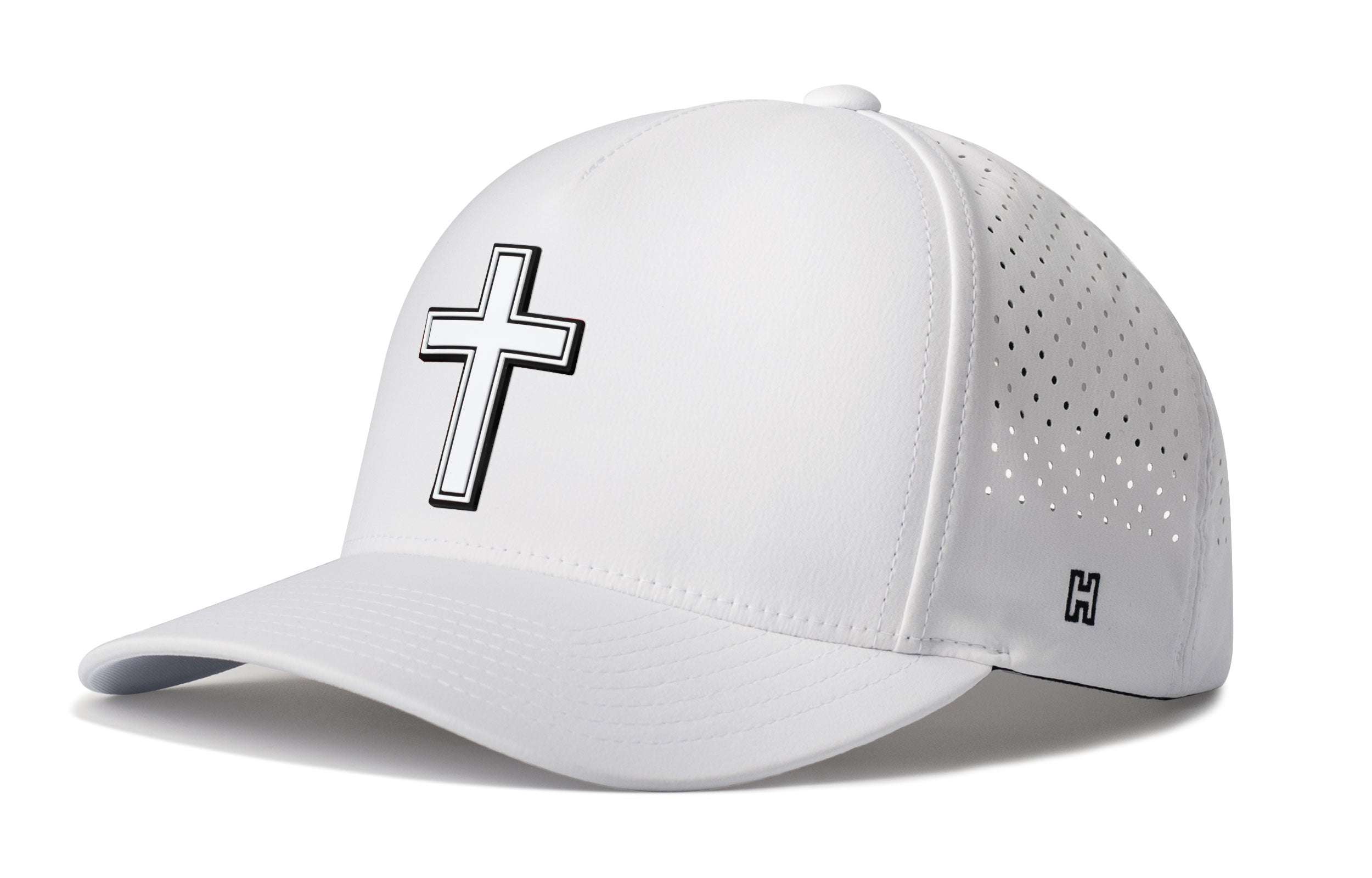 White 5-panel snapback hat with cross logo and perforated side panels