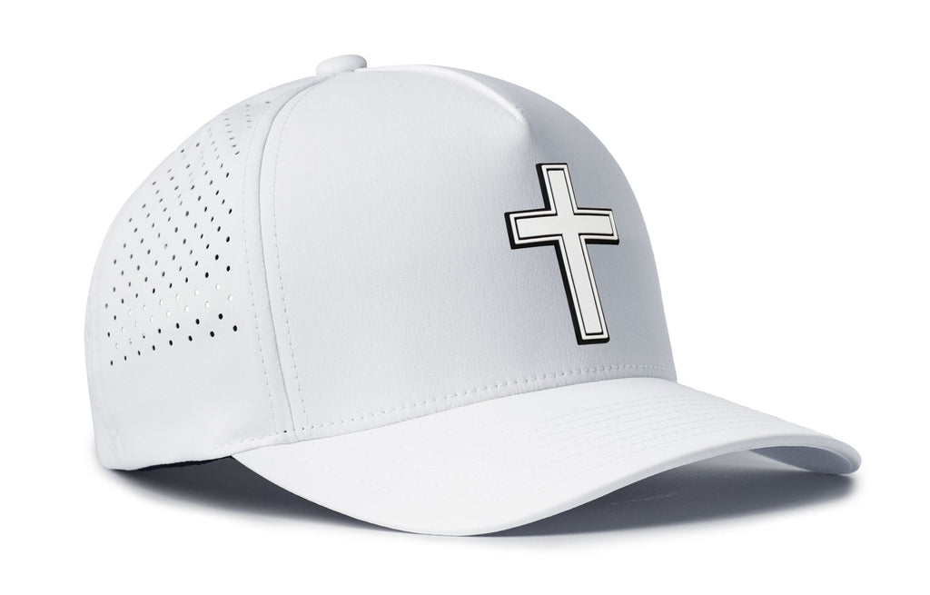White 5-panel snapback hat with large cross logo on front