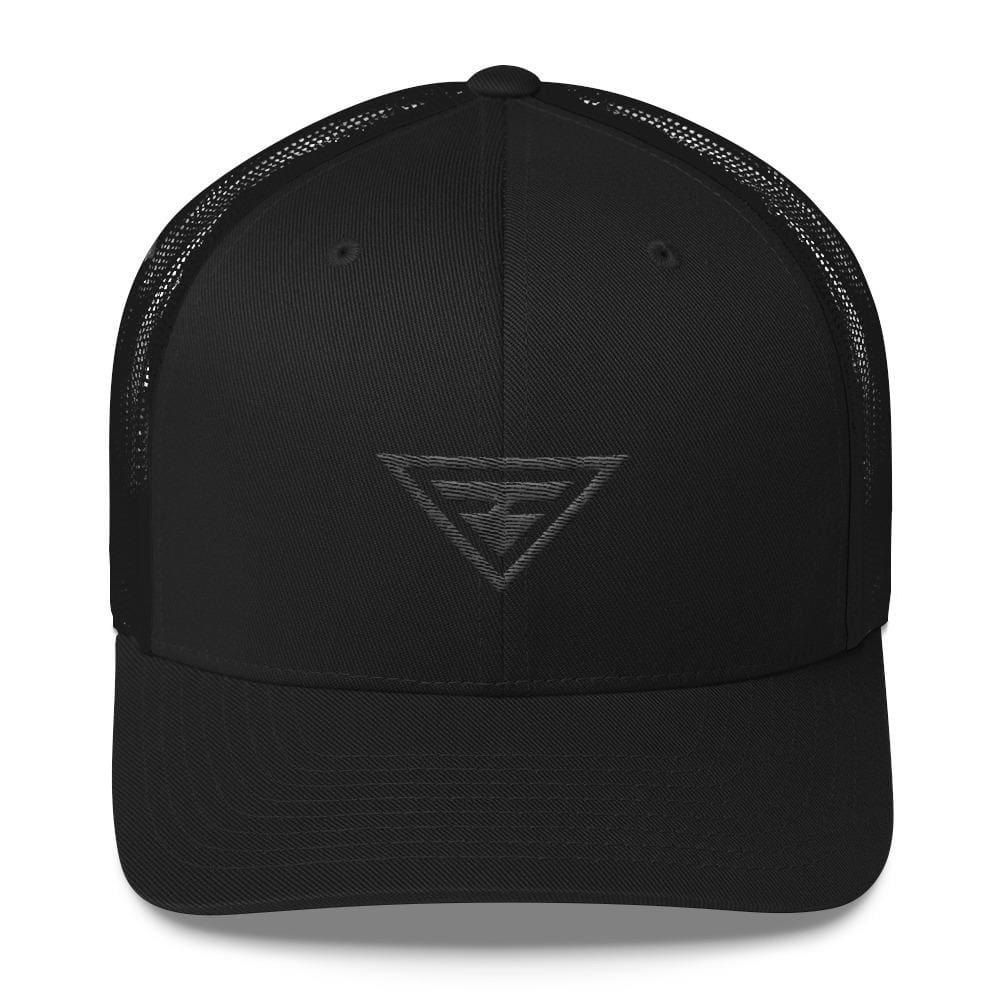 Black snapback trucker hat with triangular logo on front
