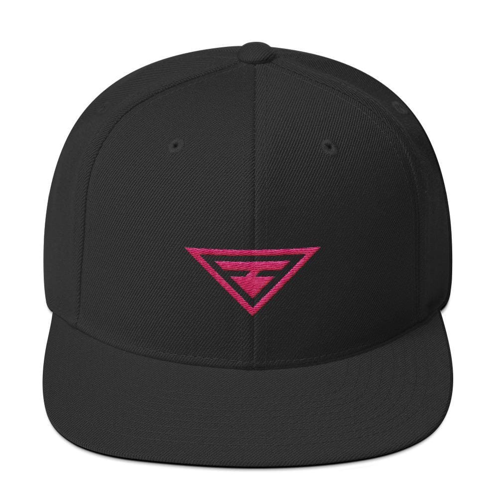 Black snapback hat with flat brim, pink embroidered logo