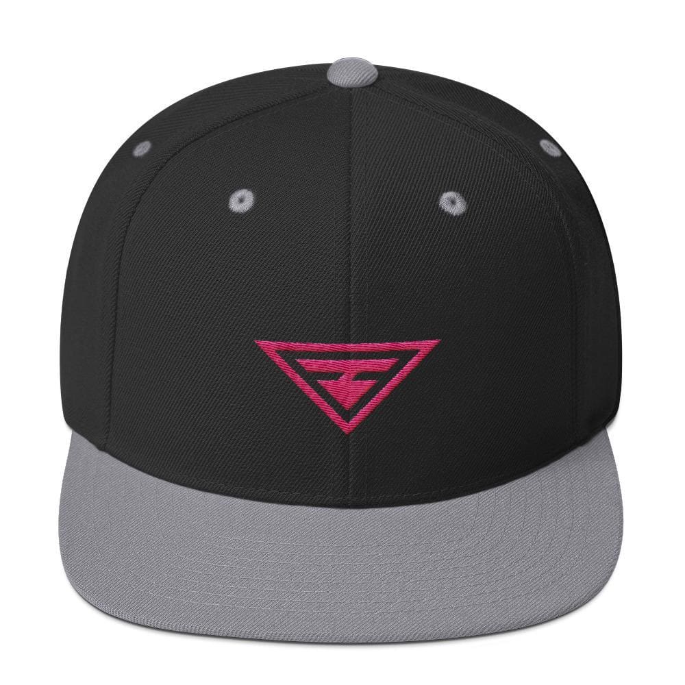 Black snapback hat with flat brim, grey underbrim, pink embroidered logo
