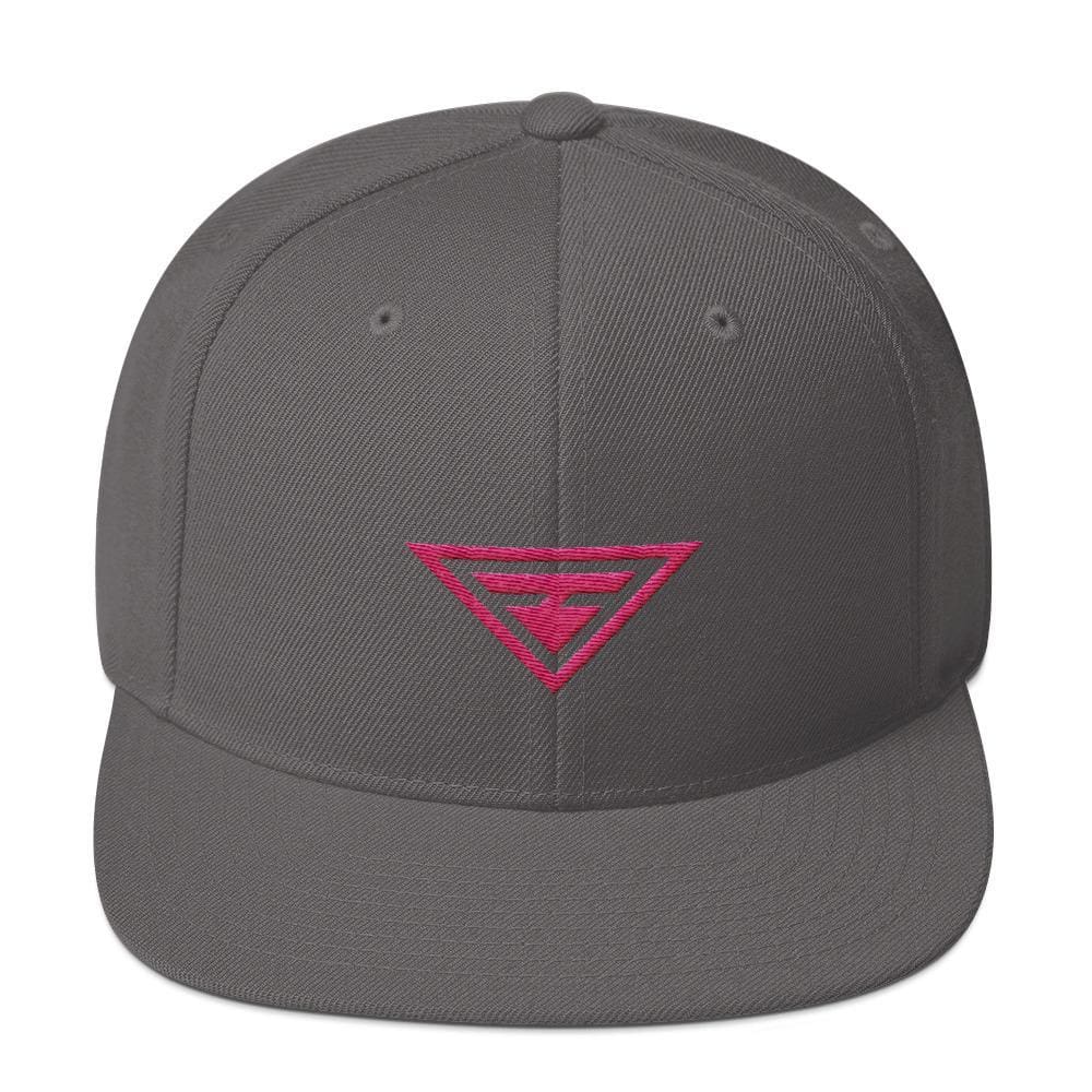 Dark grey snapback hat with flat brim, pink embroidered logo