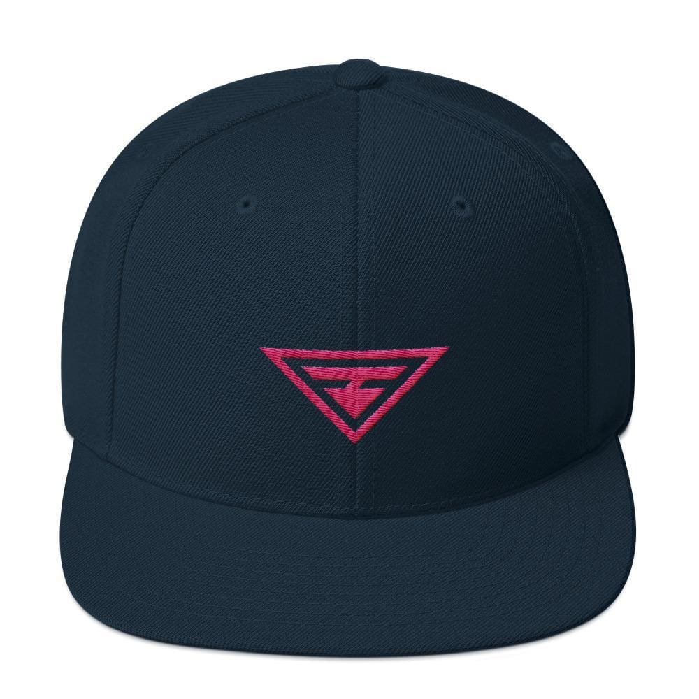 Dark navy snapback hat with flat brim, pink embroidered logo