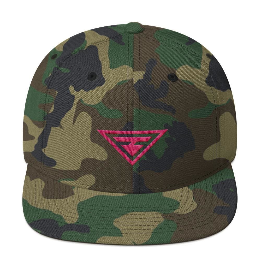 Green camo snapback hat with flat brim, pink embroidered logo