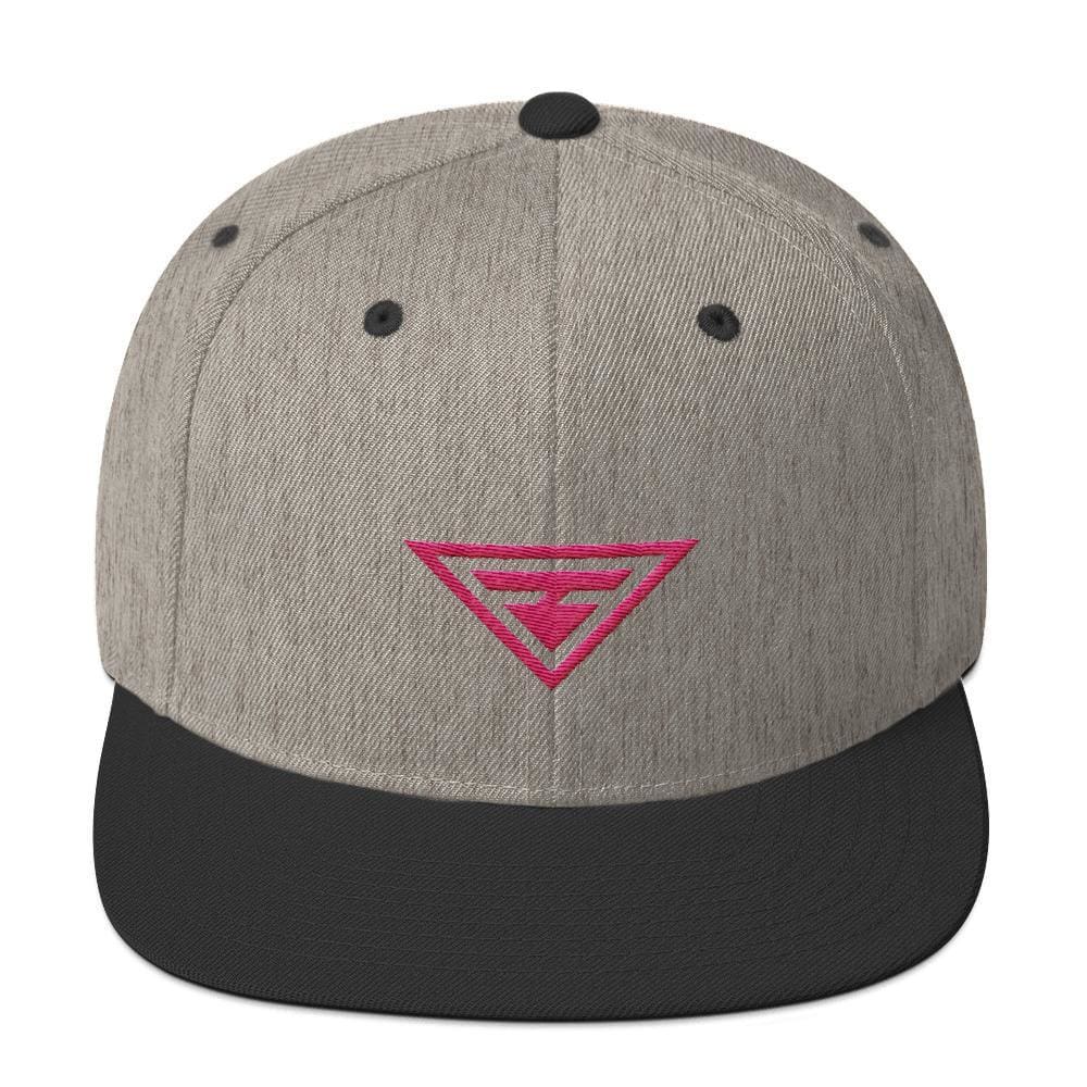 Heather gray snapback hat with dark brim and pink embroidered triangle logo
