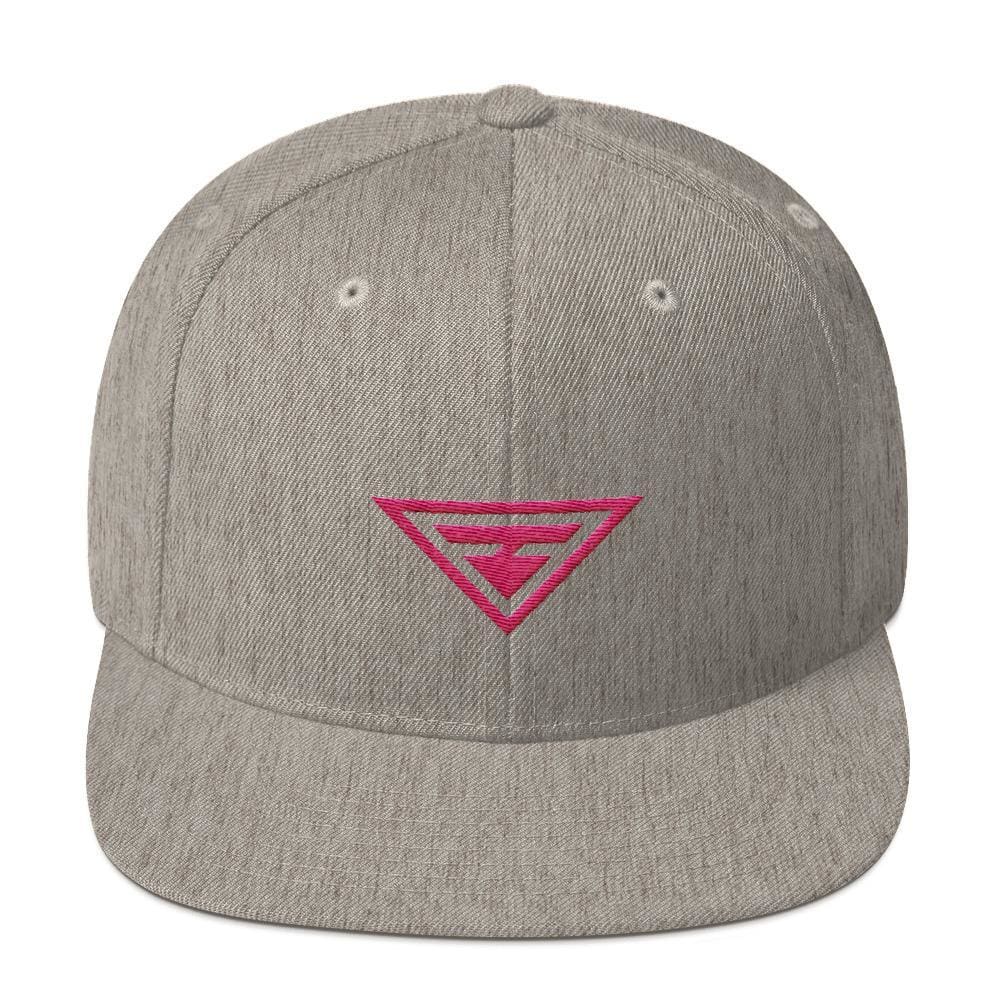 Light gray snapback hat with flat brim and pink embroidered triangle logo