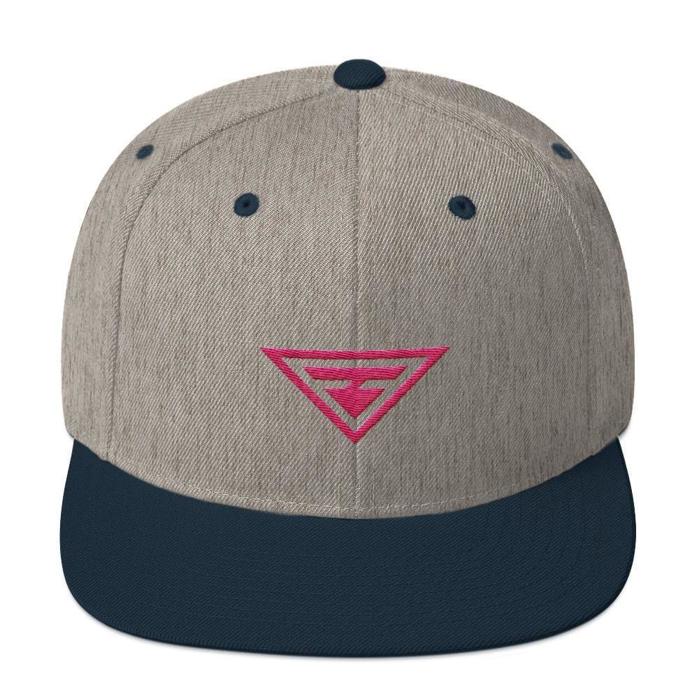 Heather grey snapback hat with flat brim, dark navy underbrim, pink embroidered logo