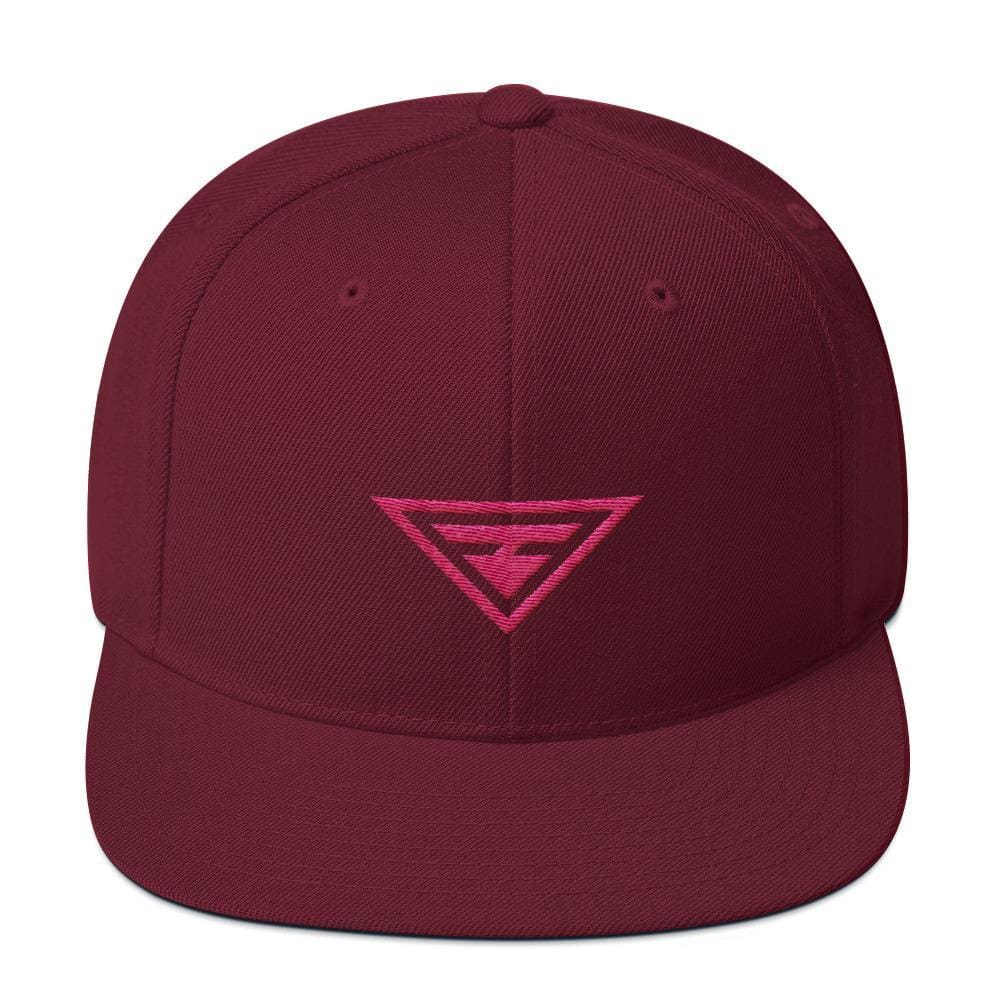 Maroon snapback hat with flat brim and pink embroidered triangle logo