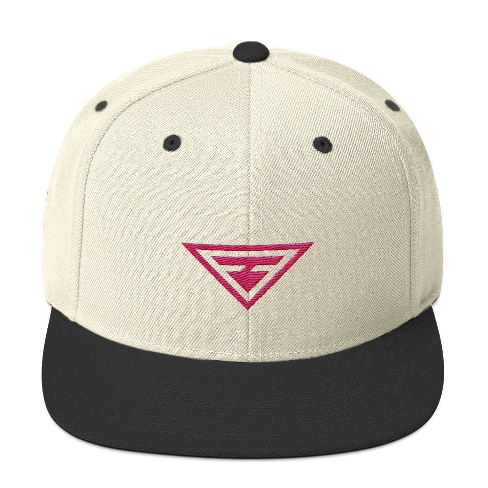 Natural snapback hat with black brim and pink embroidered triangle logo