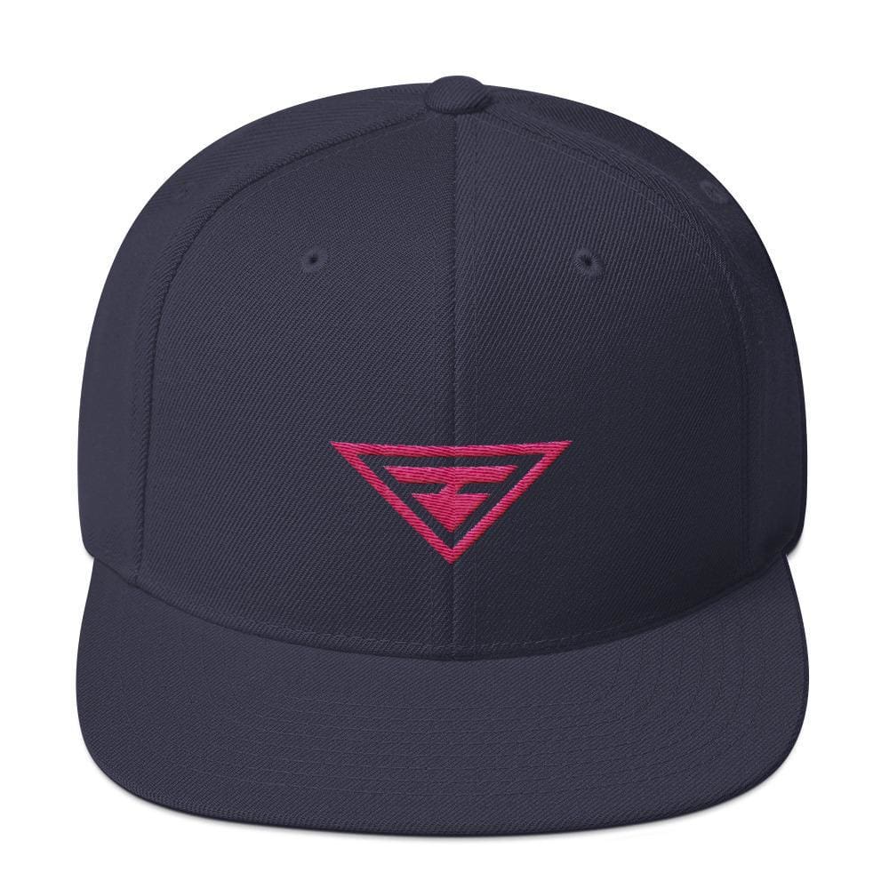 Deep navy snapback hat with flat brim, pink embroidered logo