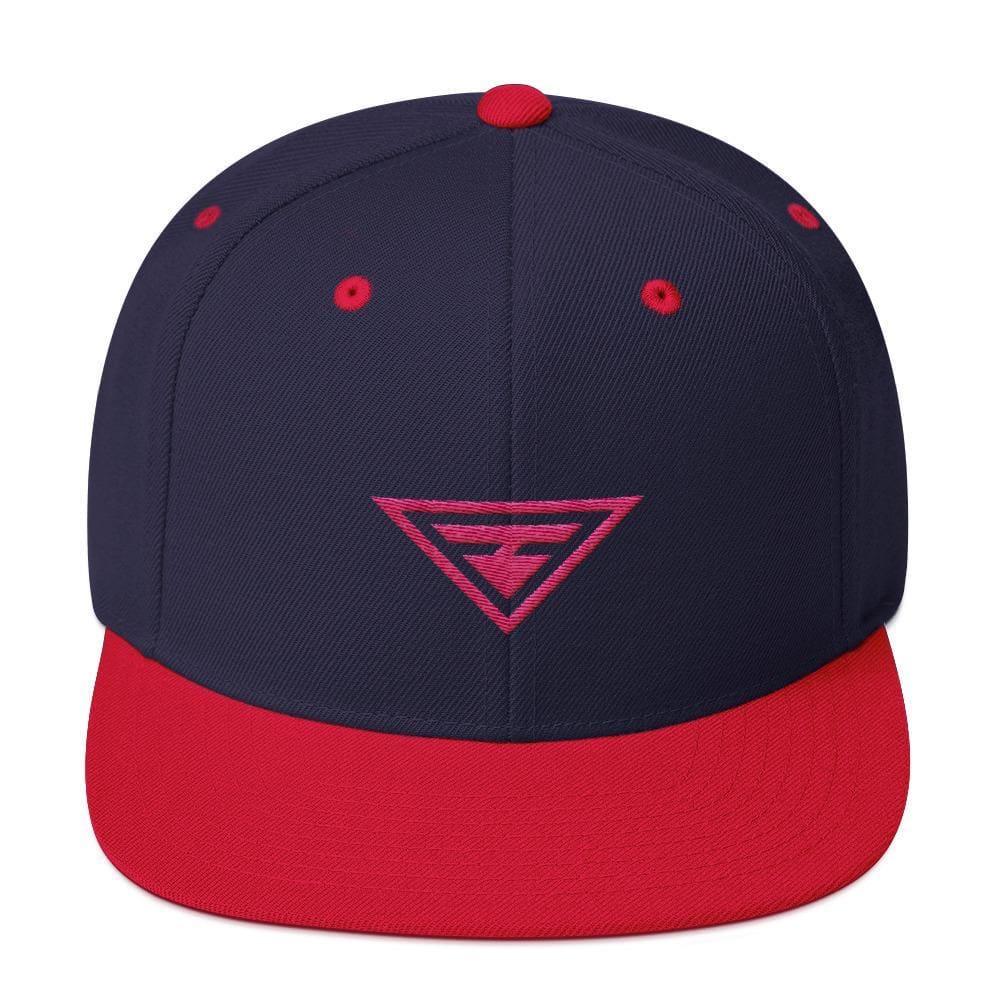 Navy snapback hat with flat brim, red underbrim, pink embroidered logo