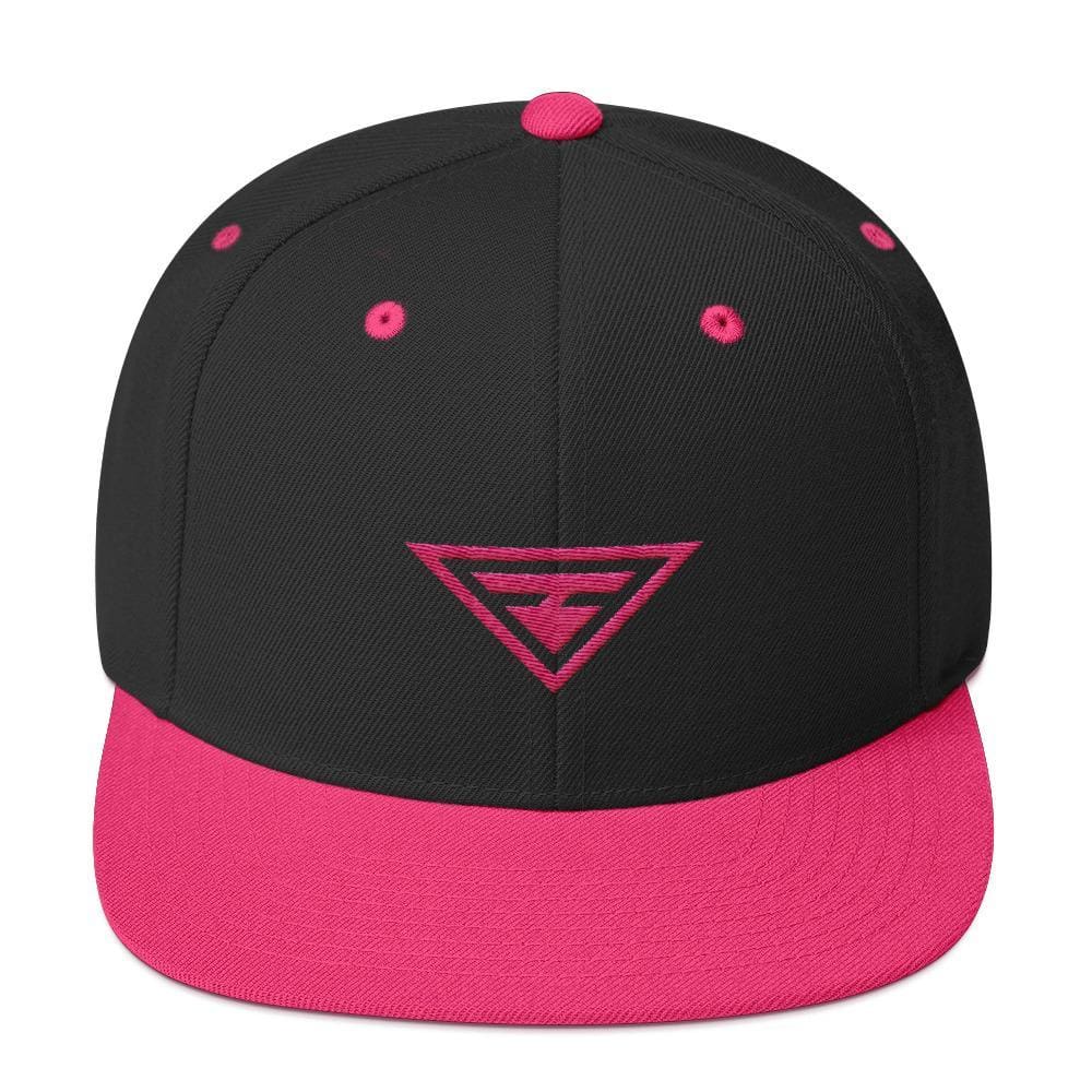 Black snapback hat with flat brim, pink underbrim, pink embroidered logo