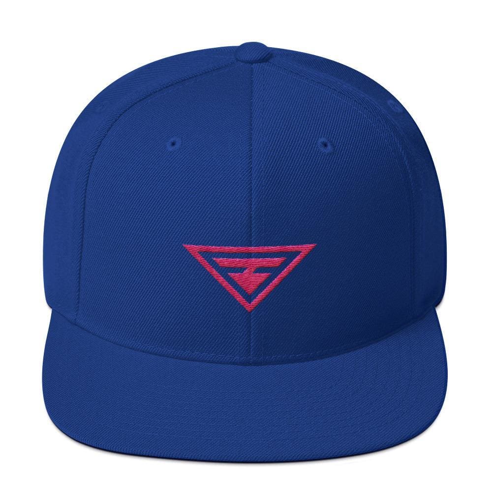 Royal blue snapback hat with flat brim and pink embroidered triangle logo