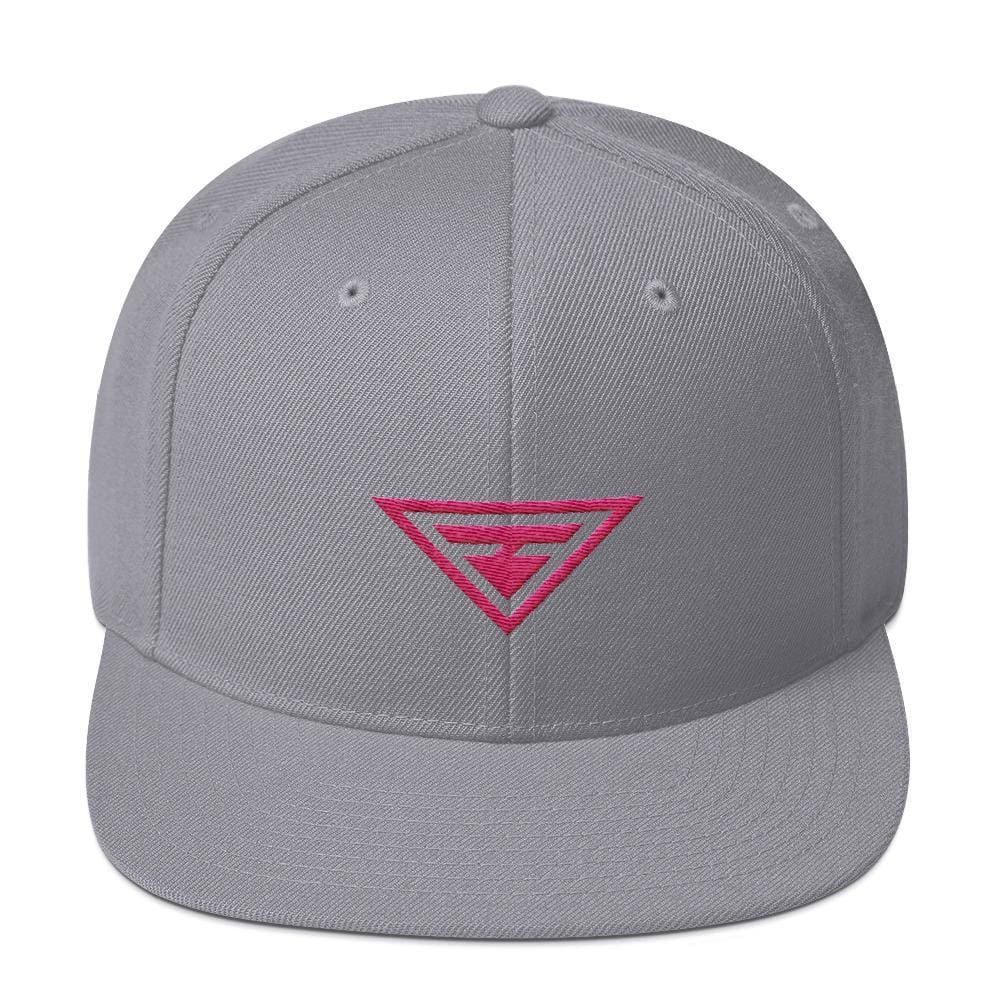 Light blue-gray snapback hat with flat brim and pink embroidered triangle logo