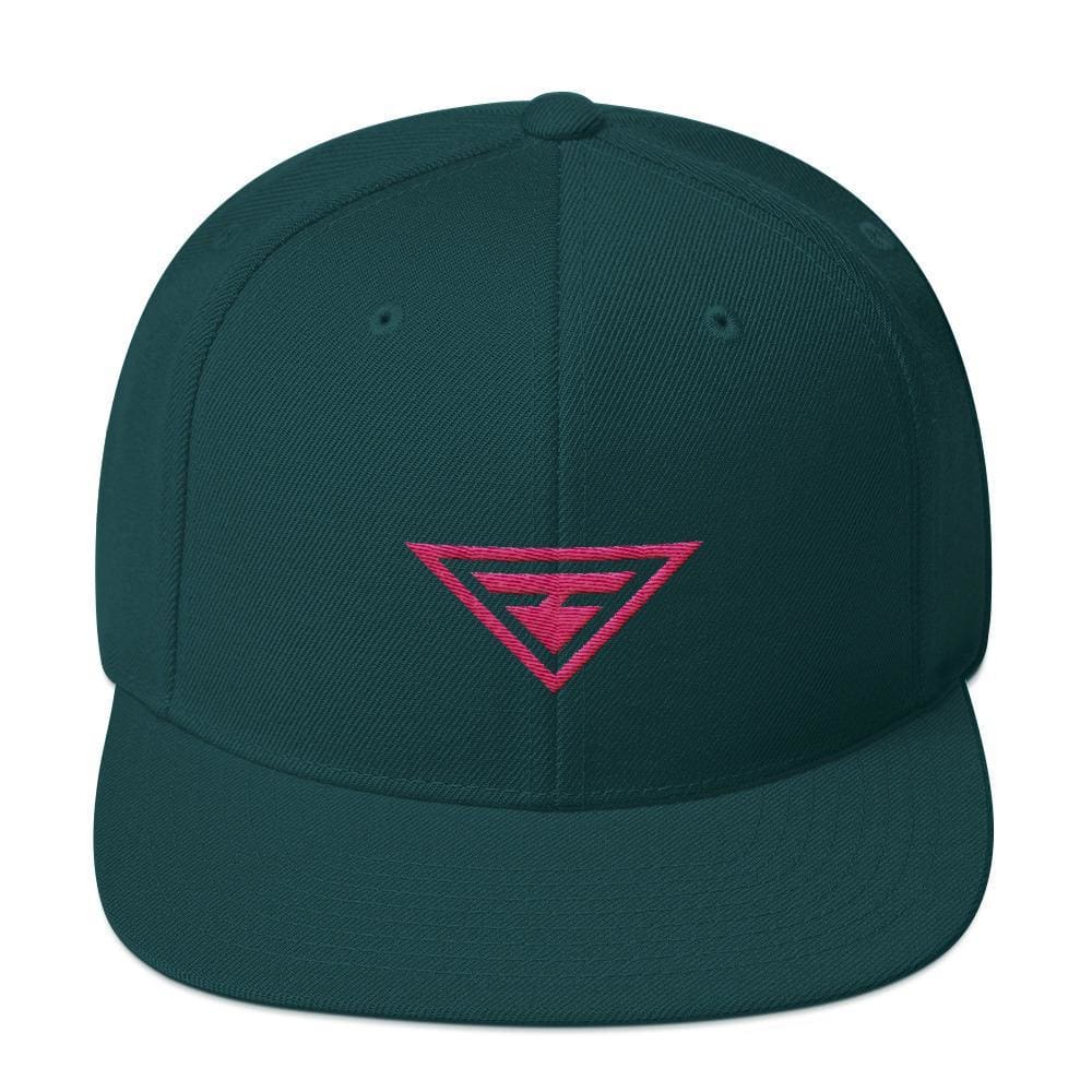 Teal hero snapback hat with flat brim and pink embroidered triangle logo
