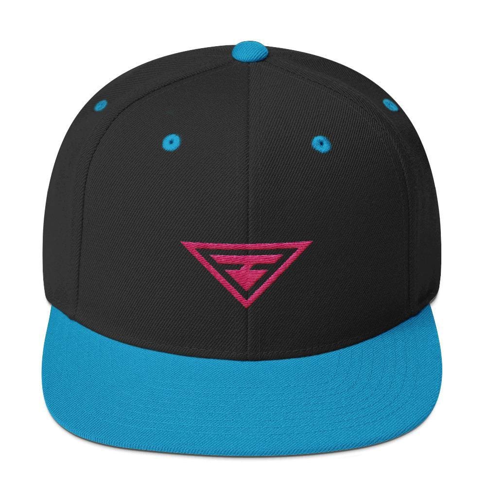 Black snapback hat with flat brim, blue underbrim, pink embroidered logo