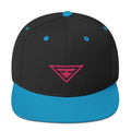 Black snapback hat with flat brim, blue underbrim, pink embroidered logo