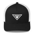 Black trucker snapback hat with white embroidered triangle logo and dark mesh back