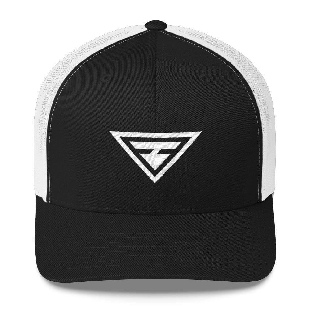 Black trucker snapback hat with white embroidered triangle logo and dark mesh back