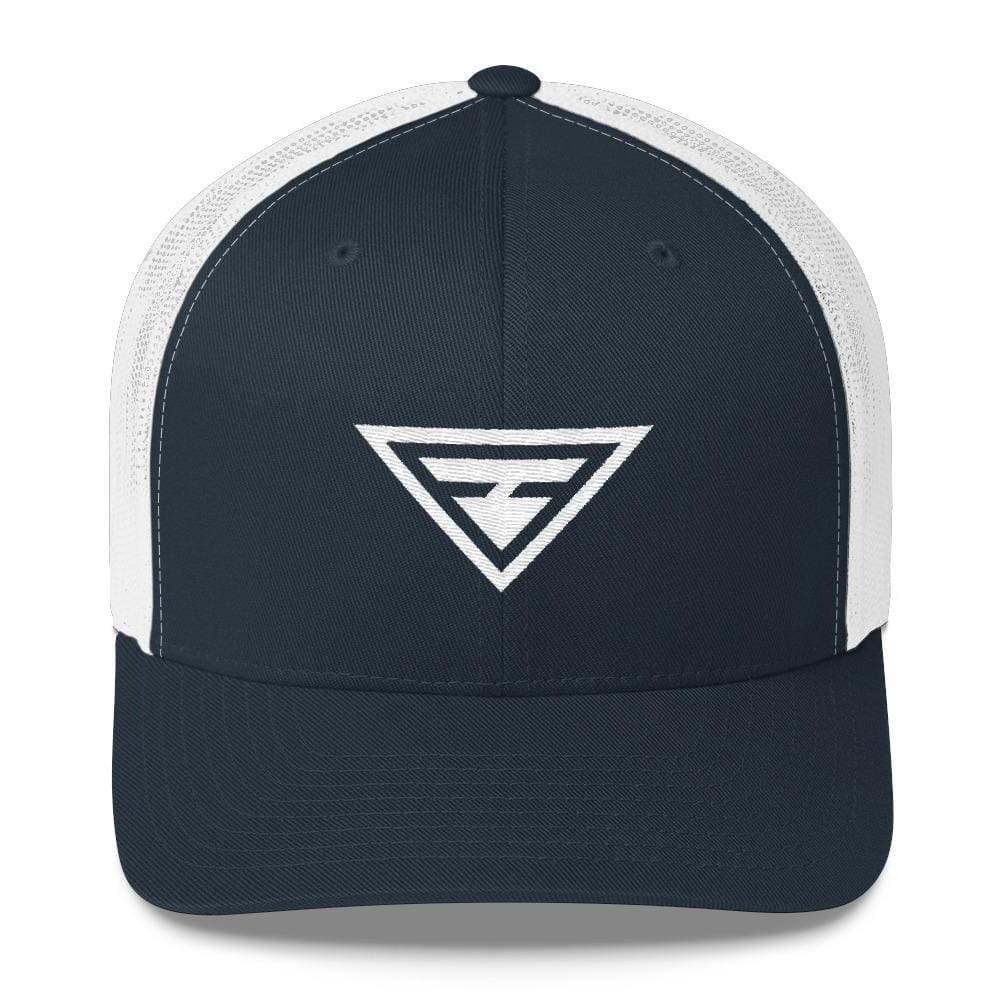 Dark navy trucker snapback hat with white embroidered triangle logo and white mesh back