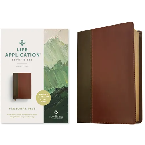 Personal size study bible with brown leatherlike cover and stitched edges