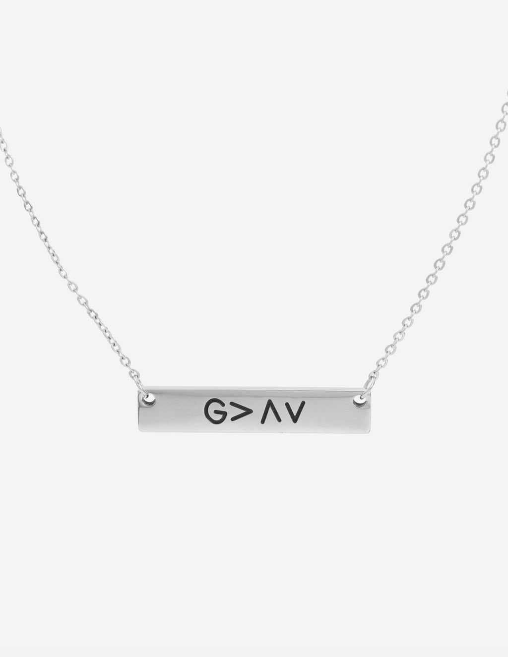 Silver chain pendant necklace with rectangular G>AV bar