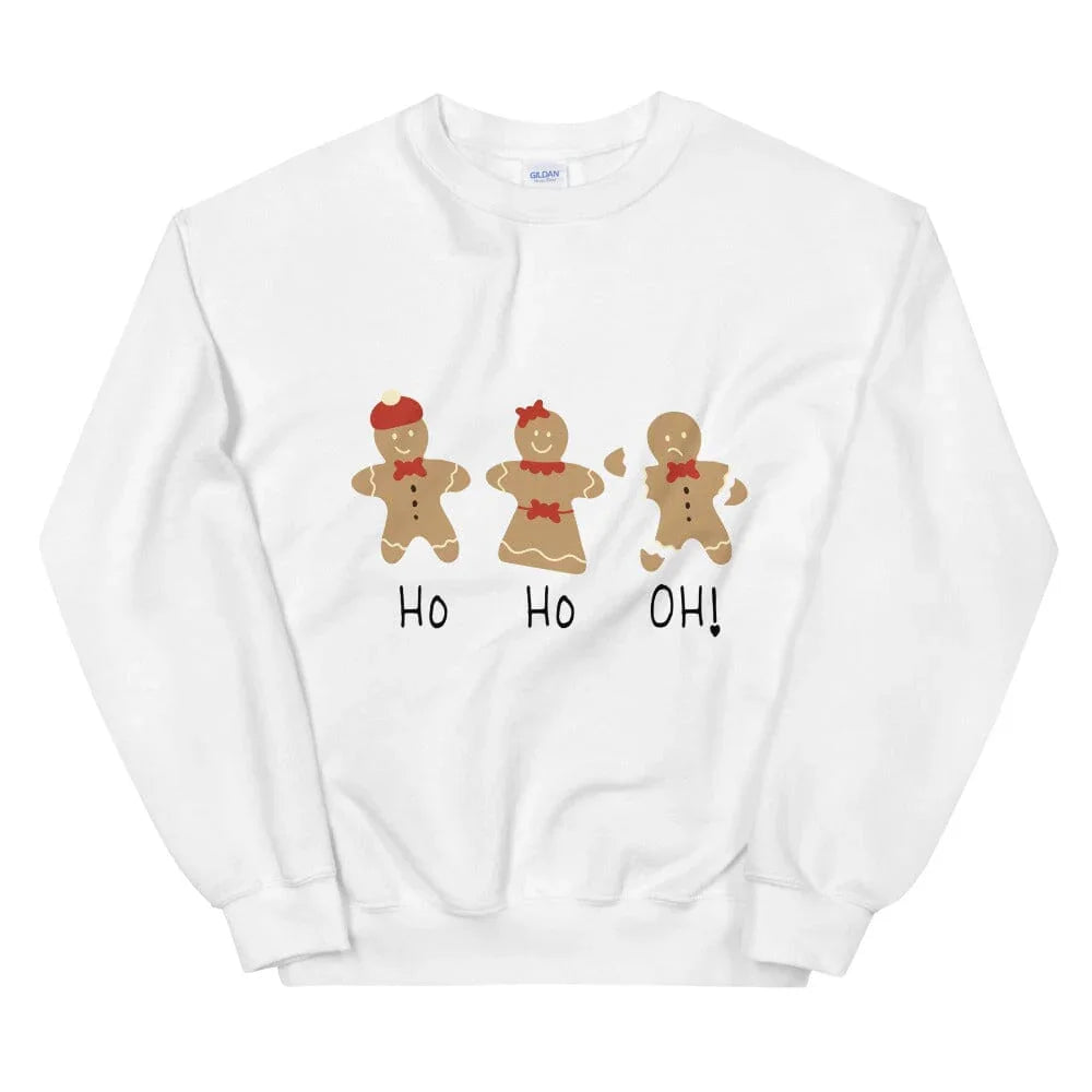 White crewneck sweatshirt with gingerbread graphic and Ho Ho Oh! text