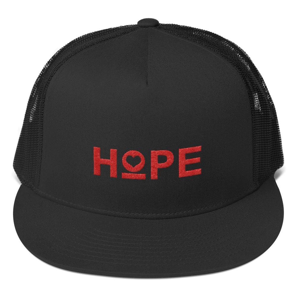 Embroidered trucker snapback hat with HOPE logo on dark fabric front and black mesh